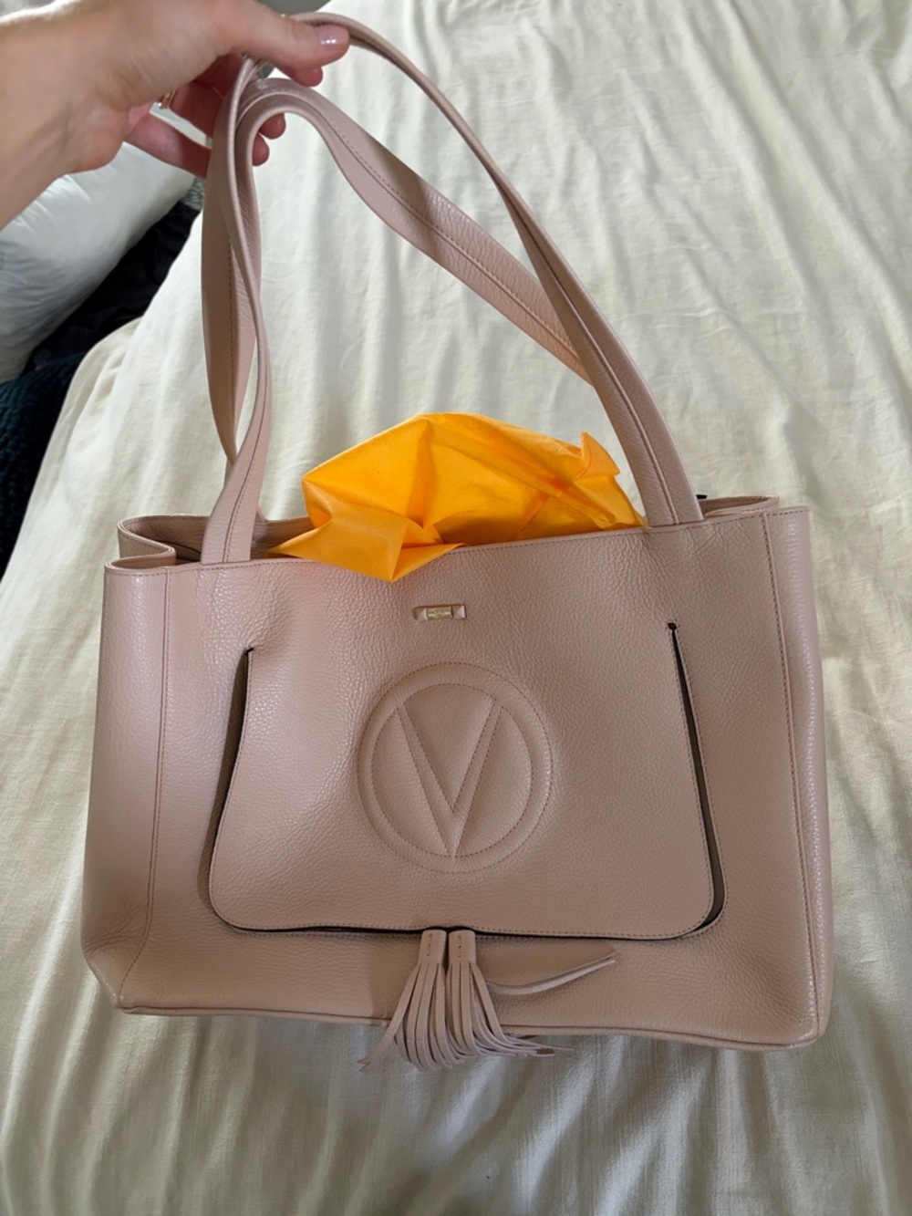 Valentino Pale Pink Leather Tote with Tassel and Logo